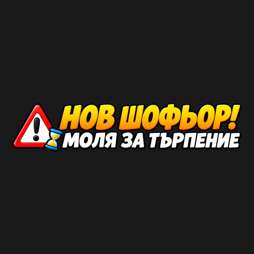 Стикер за кола „Нов шофьор! Моля за търпение“ - жълто-оранжев и бял надпис с предупредителен триъгълник и часовник
