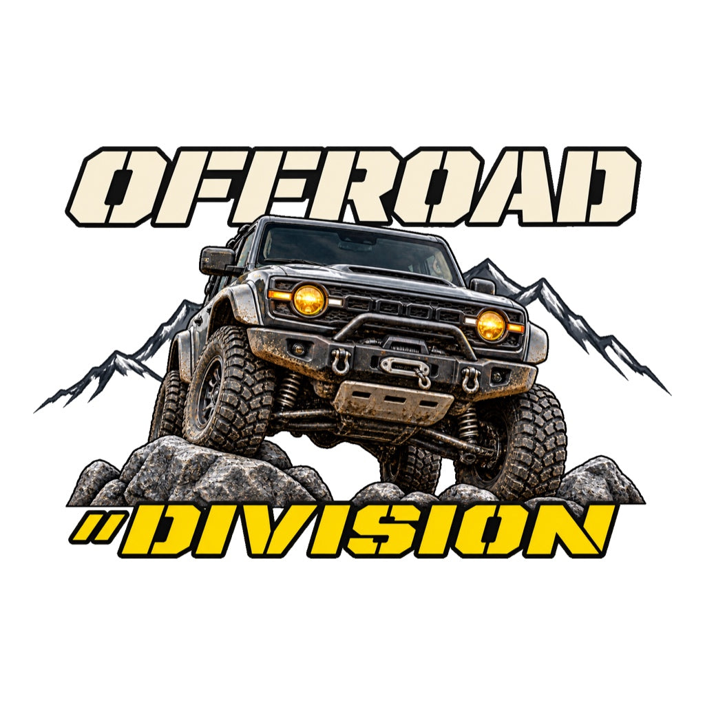 OFFROAD DIVISION - графитен 4x4 върху скали с кремав и жълт индустриален надпис