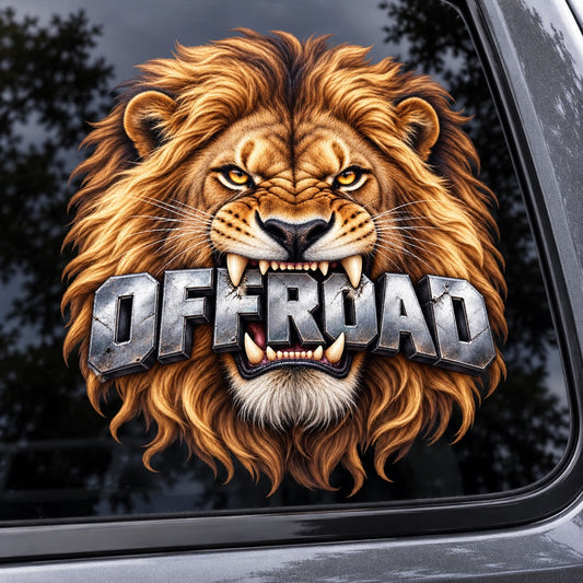 OFFROAD лъв - цветен стикер върху автомобилно стъкло