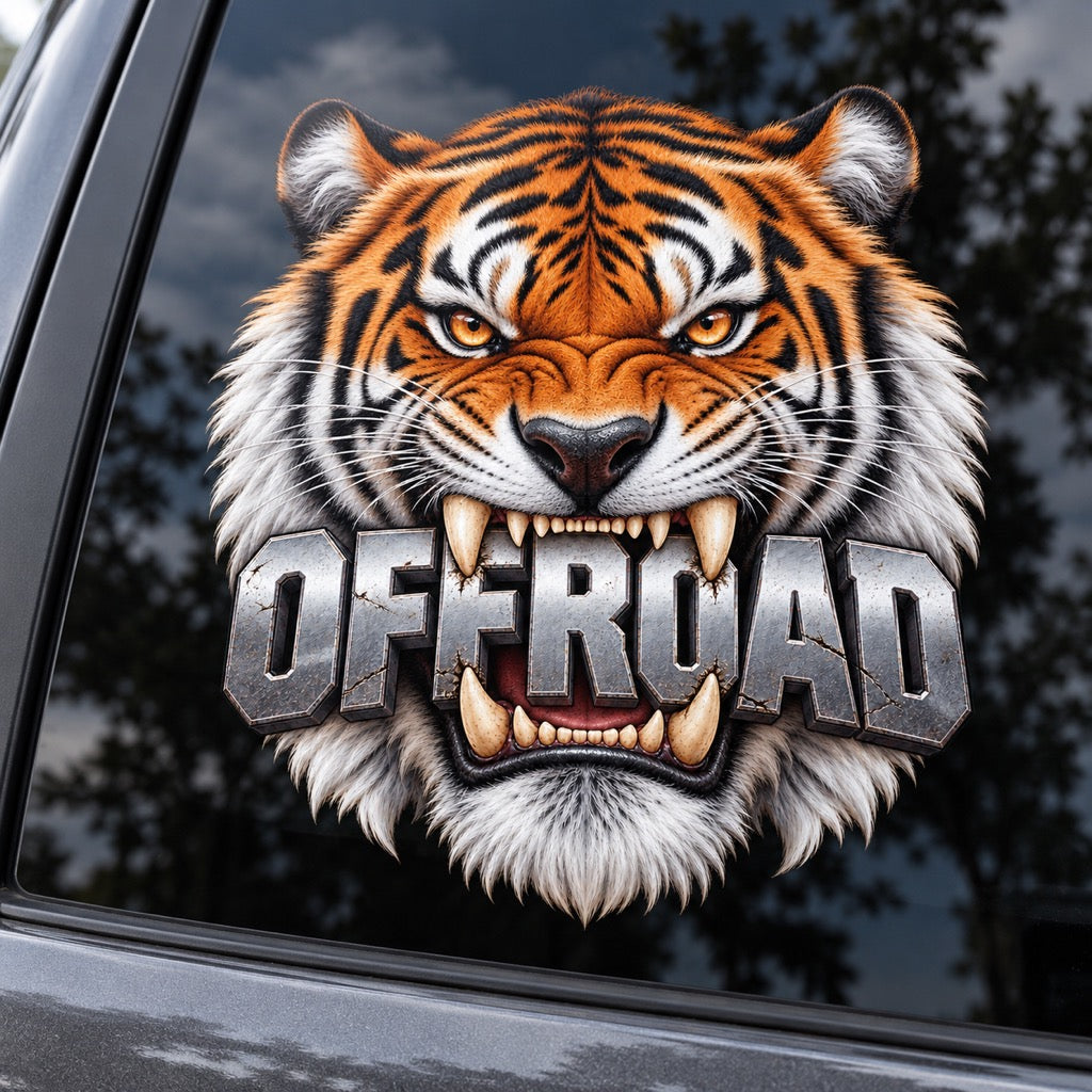 OFFROAD тигър - цветен стикер върху автомобилно стъкло