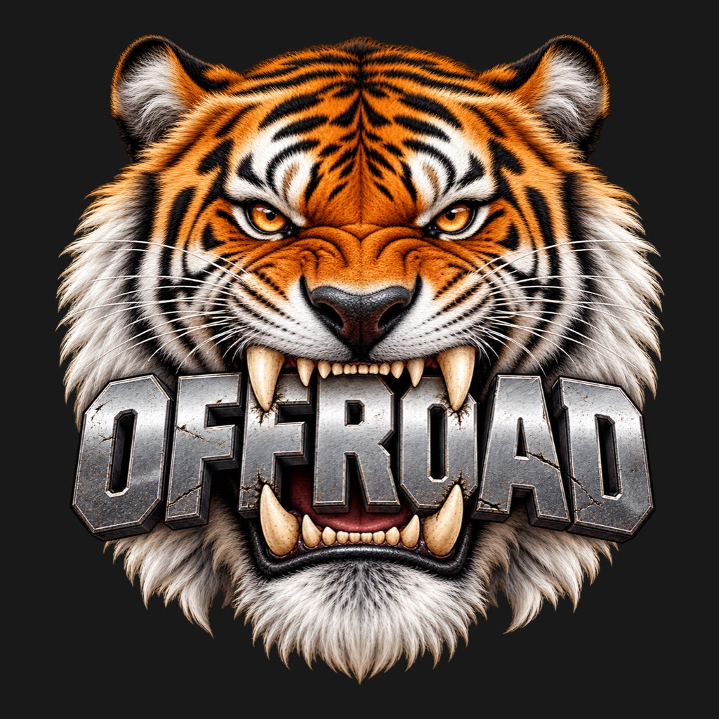 OFFROAD тигър - разярен тигър, захапал надпис със стоманен ефект