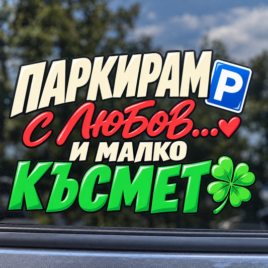 Паркирам с любов... и малко късмет - близък кадър на стикера върху автомобилно стъкло