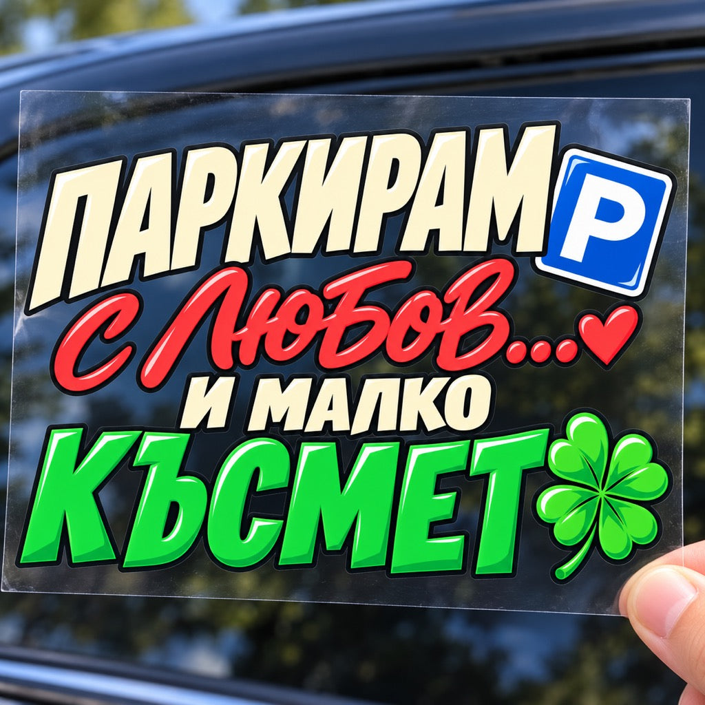 Паркирам с любов... и малко късмет - стикер върху прозрачно транспортно фолио