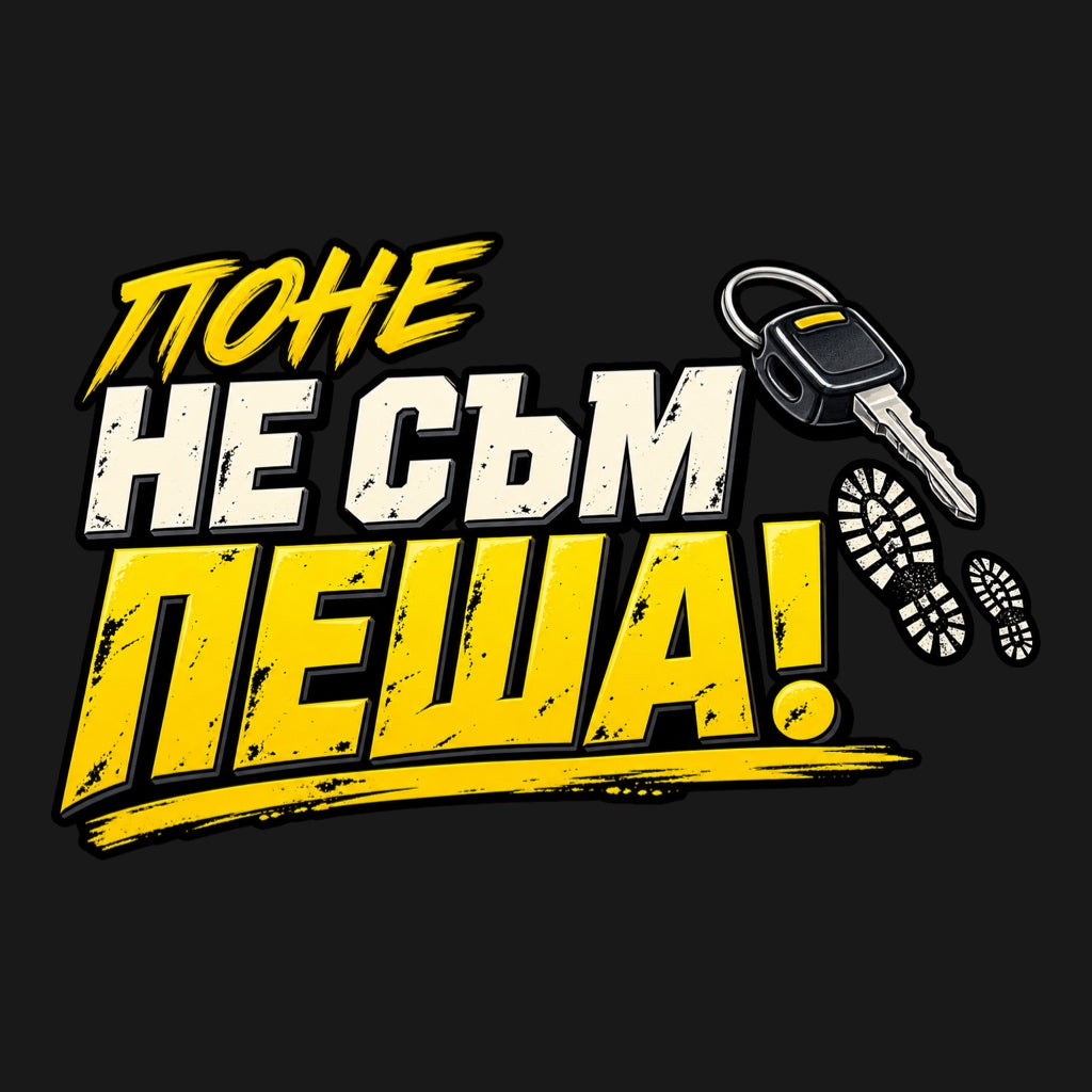 Поне не съм пеша! - жълто-бял дизайн с ключ и следи от обувки