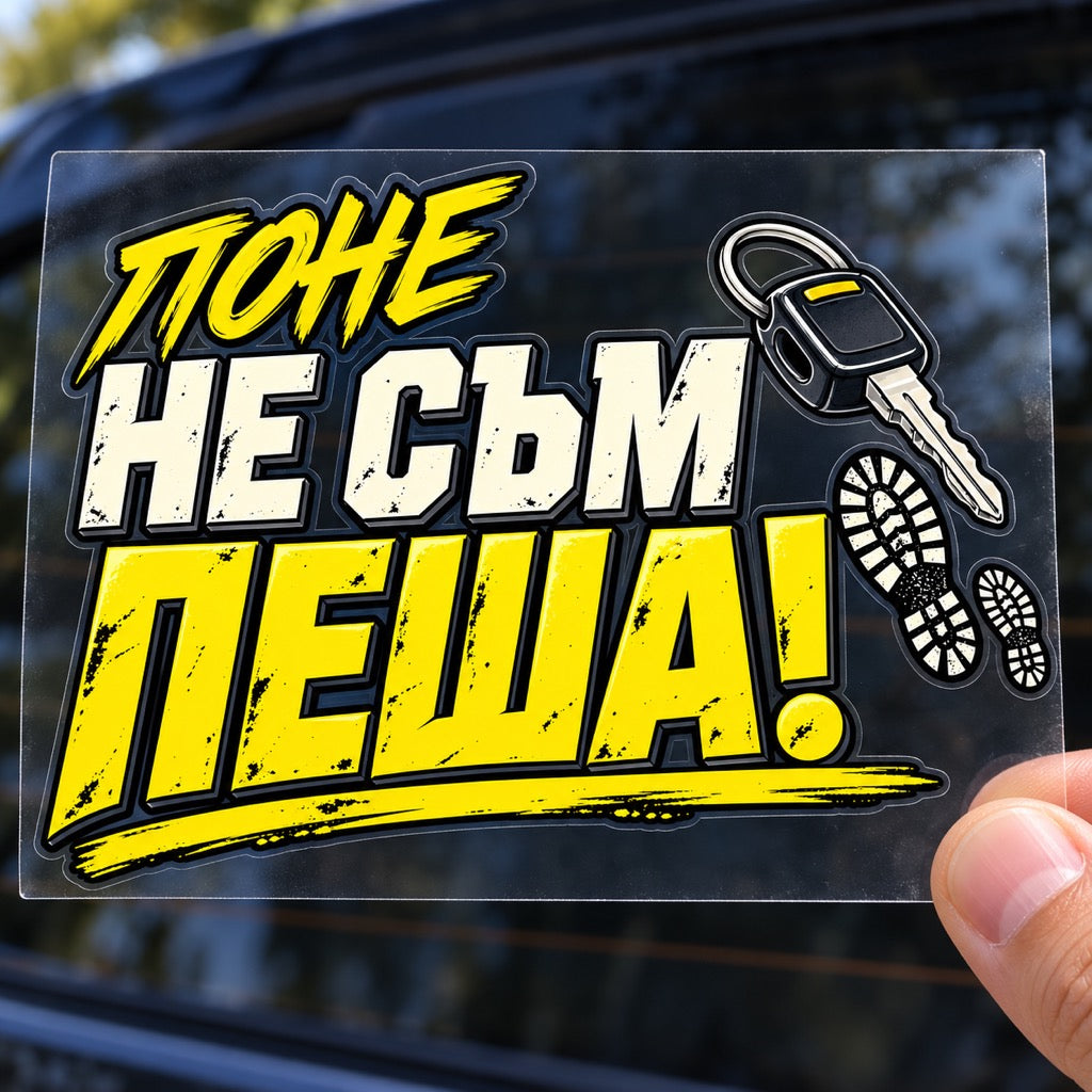 Поне не съм пеша! - стикер върху прозрачно транспортно фолио