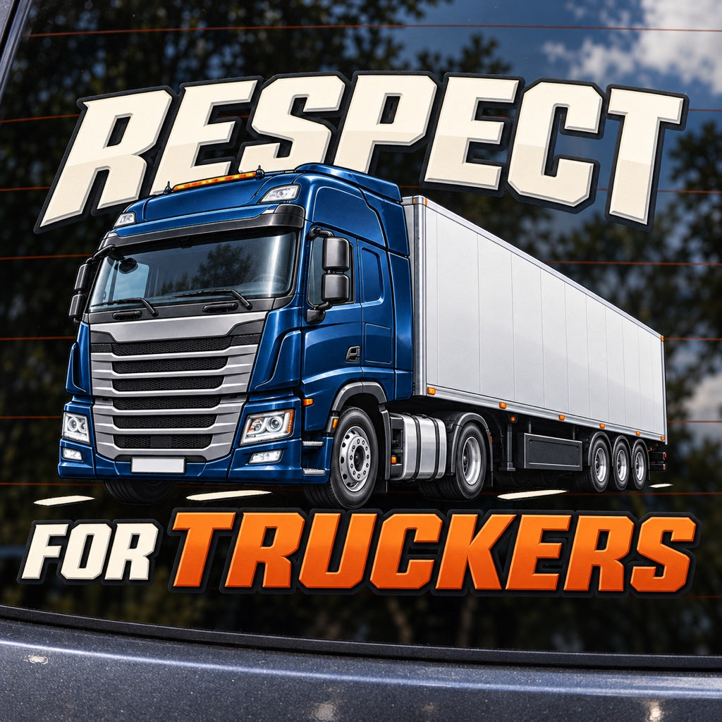RESPECT FOR TRUCKERS - европейски влекач, визуализация на стикера върху автомобилно стъкло