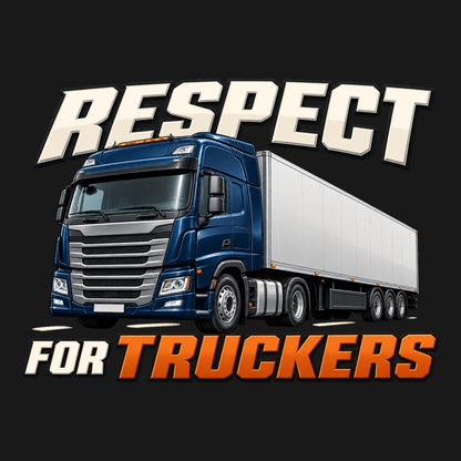 RESPECT FOR TRUCKERS - тъмносин европейски влекач и ремарке, кремаво-оранжев надпис