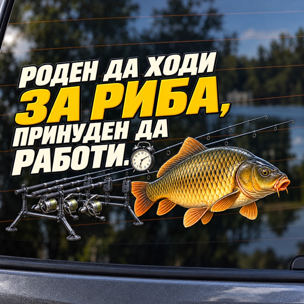 Роден да ходи за риба, принуден да работи - Rod Pod - близка визуализация върху автомобилно стъкло