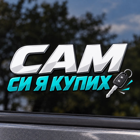Сам си я купих - бял и тюркоазен стикер с автомобилен ключ, близка визуализация върху стъкло