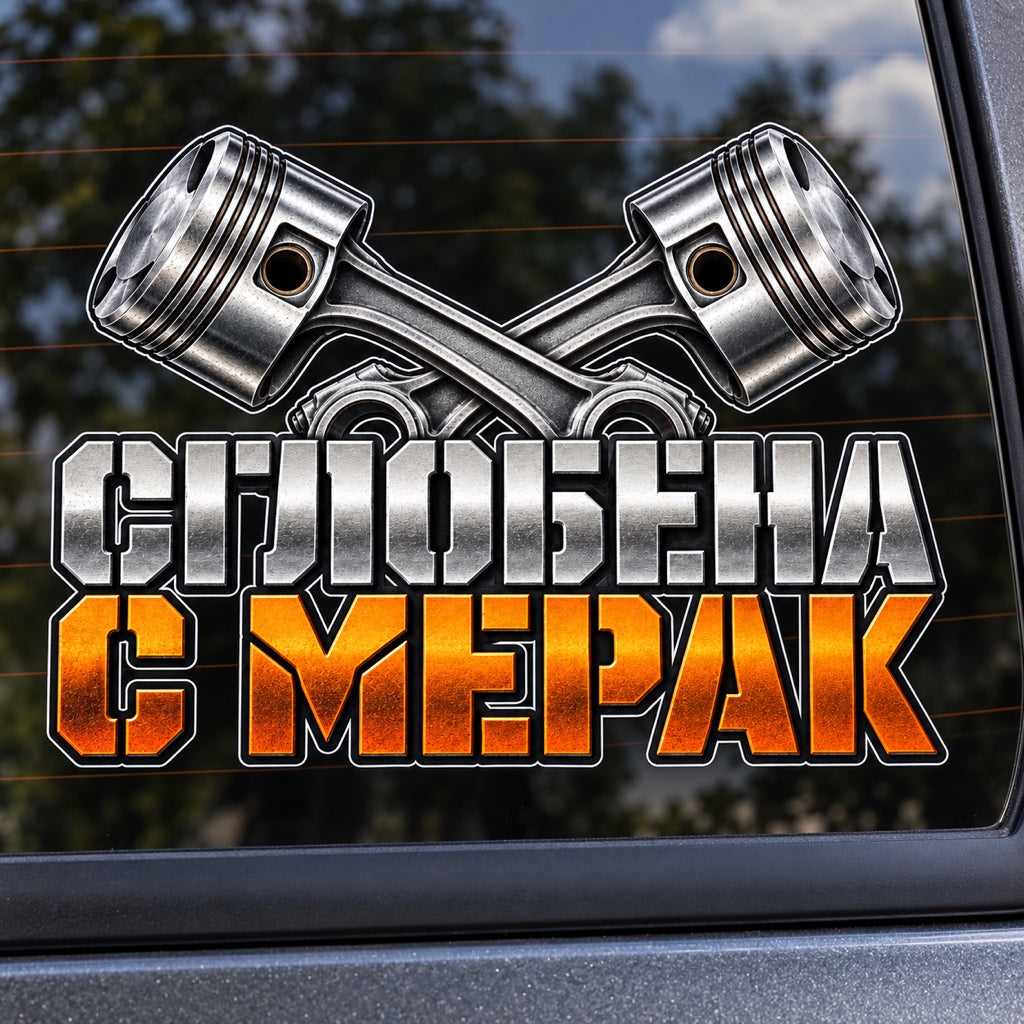 Сглобена с мерак - близка визуализация на индустриалния стикер с кръстосани бутала върху автомобилно стъкло