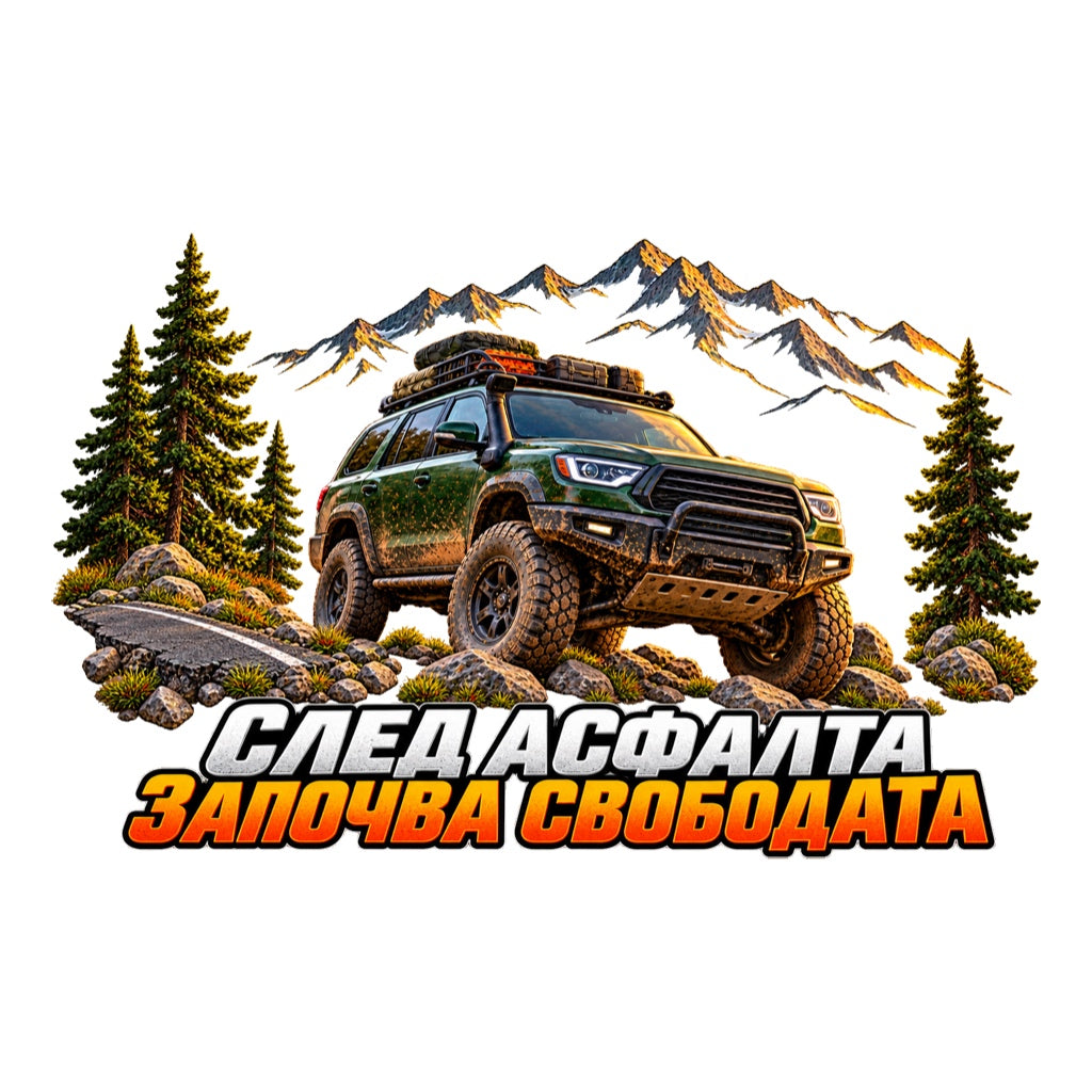 След асфалта започва свободата - зелен джип, отделни дървета и планински контури с прозрачни пространства