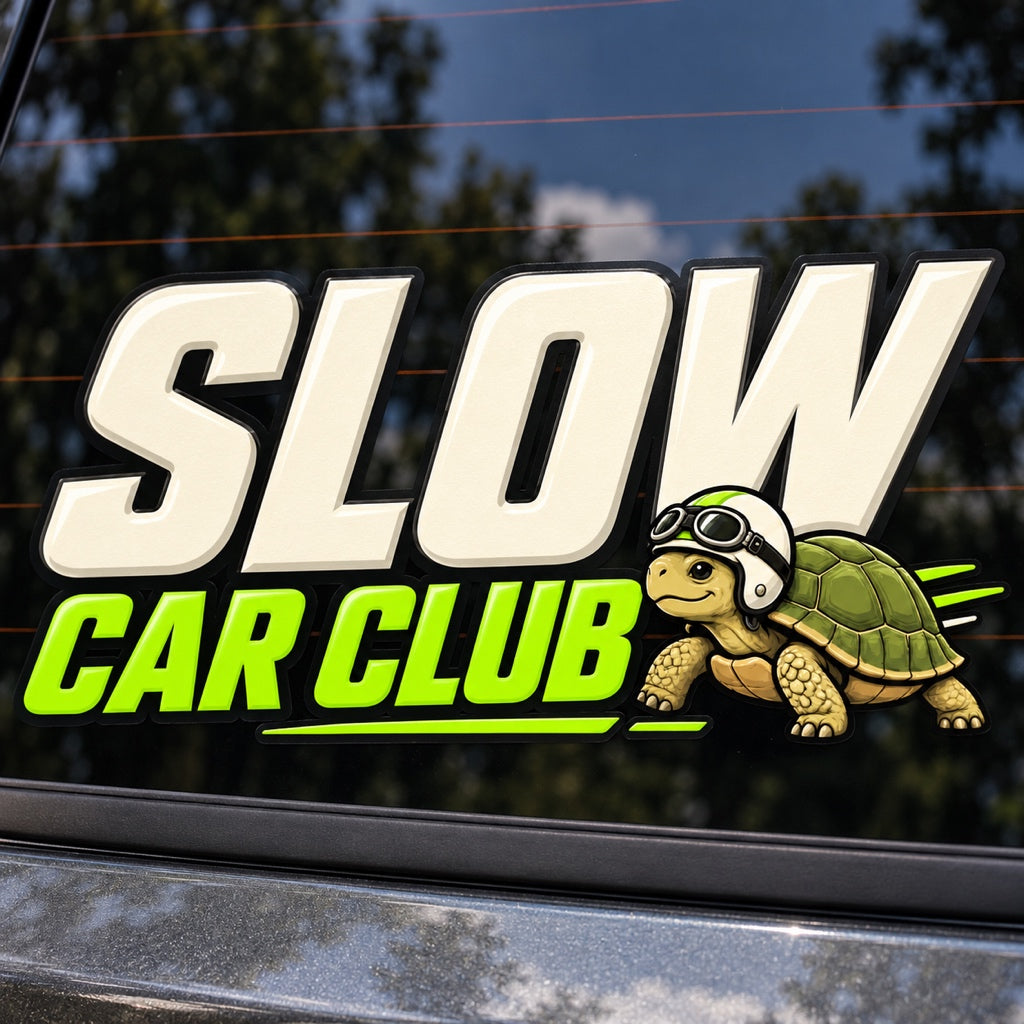 SLOW CAR CLUB - близка визуализация на стикера върху автомобилно стъкло