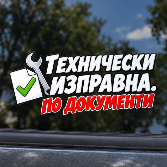 Стикер Технически изправна. По документи с лист и гаечен ключ върху автомобилно стъкло, близък кадър