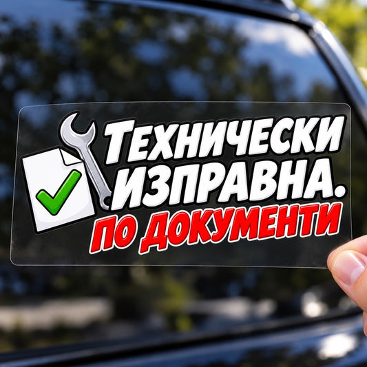 Стикер Технически изправна. По документи върху плоско прозрачно транспортно фолио, държан с ръка пред автомобил