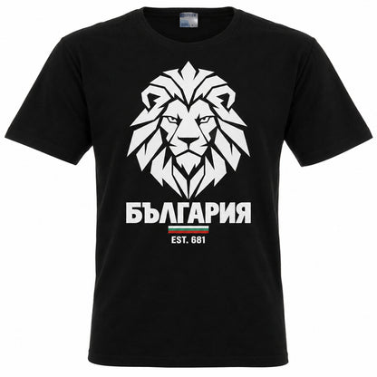 Черна патриотична тениска „България“ с геометричен лъв - изглед отпред