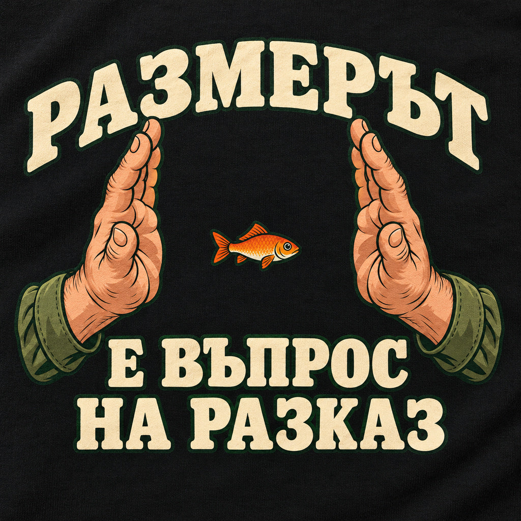 Щампа с две ръце и малка рибка върху черна тениска — близък план