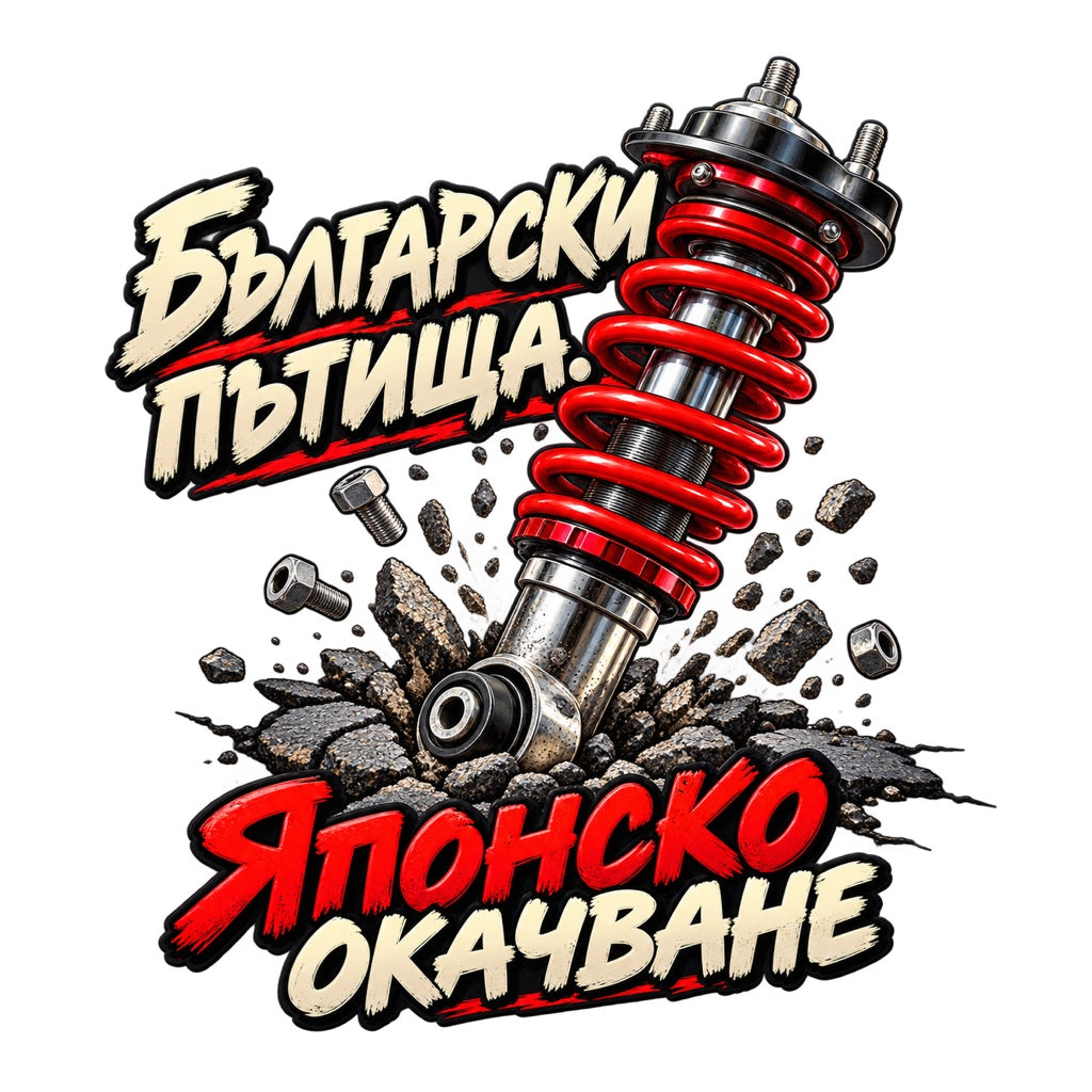 Български пътища. Японско окачване - дизайн на бял фон